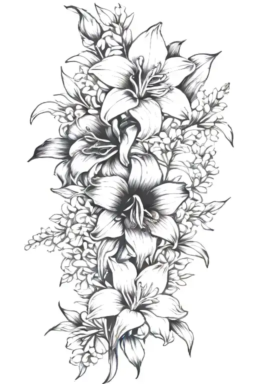 Gladiolus, Violet, lilly of the valley, larkspur flower tattoo design idea