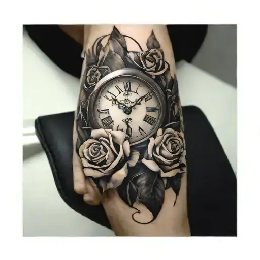 mountains clock roses intertwined tattoo design idea
