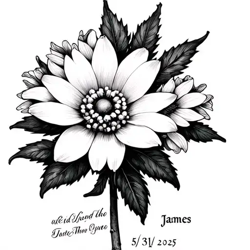 edelweiss flower with the name James and the date 5/31/2025 in Roman numerals  tattoo design idea