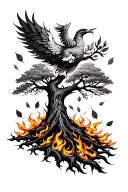 tree of life on fire with burning leaves floating away and a Phoenix rising from the flames tattoo design idea