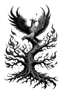 tree of life on fire with burning leaves floating away and a Phoenix rising from the flames tattoo design idea