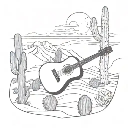 A western desert landscape with a guitar-shaped cactus tattoo design idea