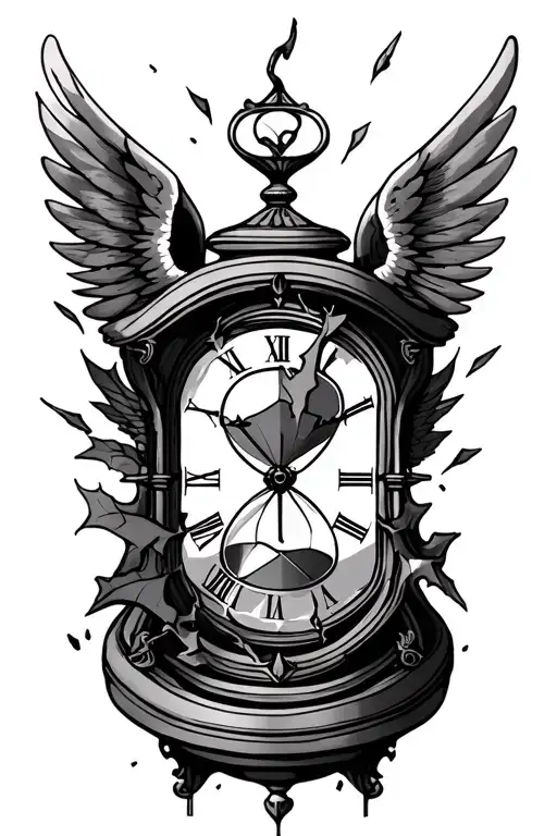 hour glass, broken Roman numeral clock, wings spread tattoo design idea