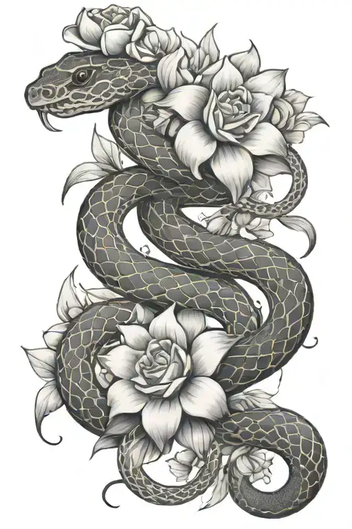 Snakes and flowers intertwined tattoo design idea