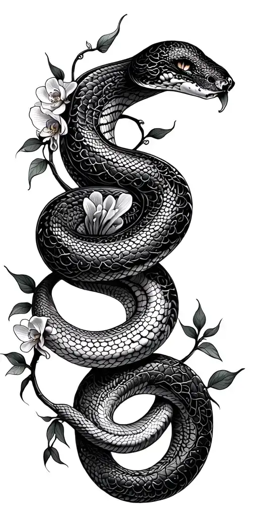 orchid vines wrapping around a snake intertwined tattoo design idea