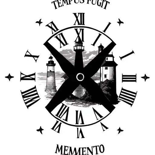 clock with text "TEMPUS FUGIT" above and "MEMENTO MORI" below and a lighthouse in the clock tattoo design idea