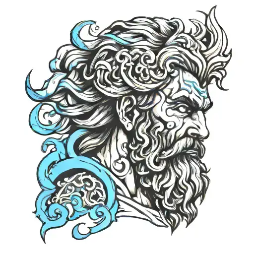 Bearded Poseidon tattoo with trident on his upper cheek blue eyes  tattoo design idea