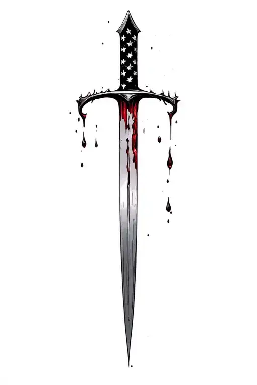 blood dripping and tattered usa flag and sharp long blade tattoo design idea