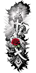 Greek gods with clouds with rays and clouds and a cross and a lightly red colored rose tattoo design idea