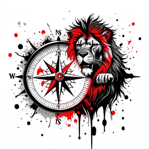 compass and next to the floor of the muzzle of the lion tattoo design idea