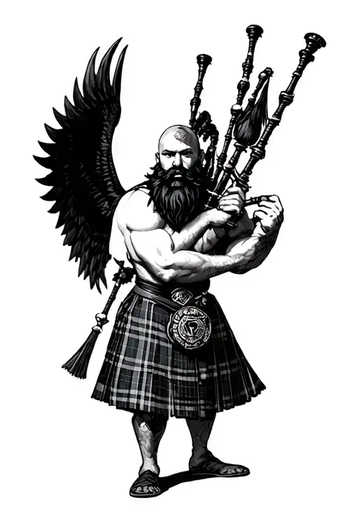 legless shirtless muscular bagpiper bald black beard playing bagpipes huge black wings tattoo design idea
