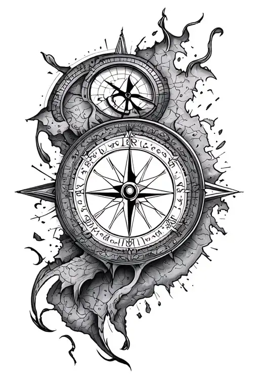map compass and clock face morphing tattoo design idea