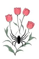 large gothic black widow spider crawling on web of tulips tattoo design idea