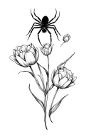 large gothic black widow spider crawling on web of tulips tattoo design idea