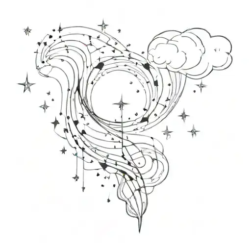 mystical whispy stars on hip bone that forms a trail, incorparate abstract lines and clouds tattoo design idea