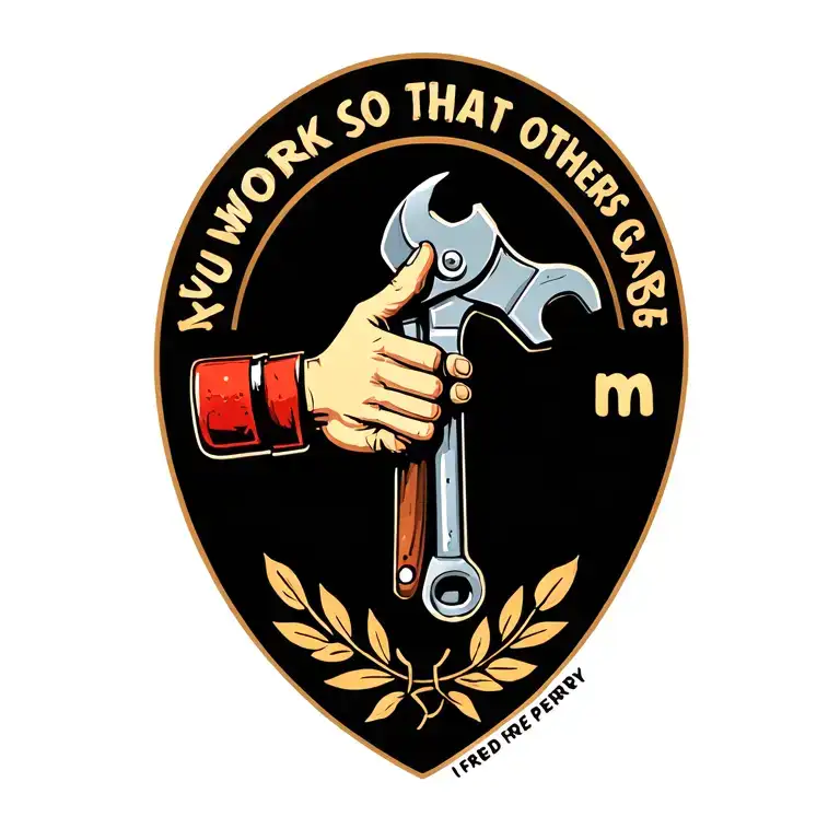 "You work so that others gain m" A hand holding a pipe wrench and a laurel like the Fred Perry logo around them tattoo design idea