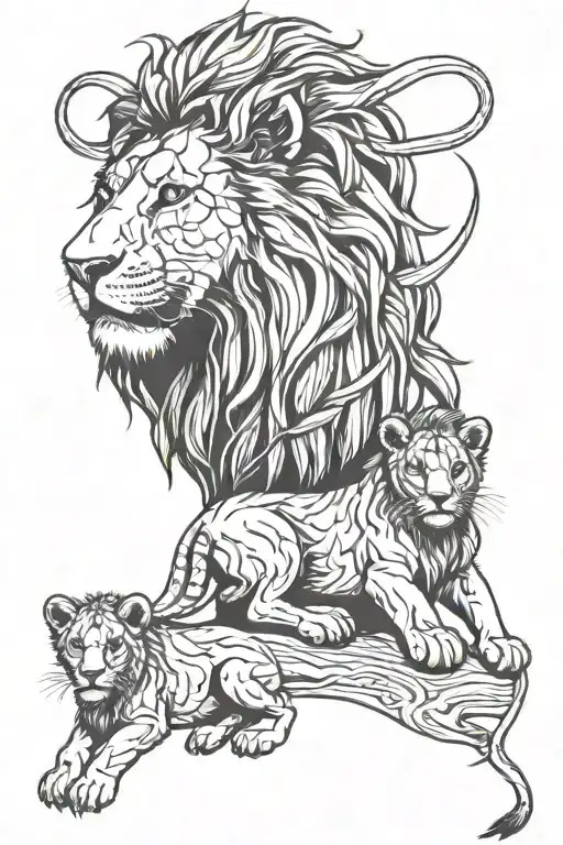 lion and 2 cubs, thin blue line, scorpion,  tattoo design idea
