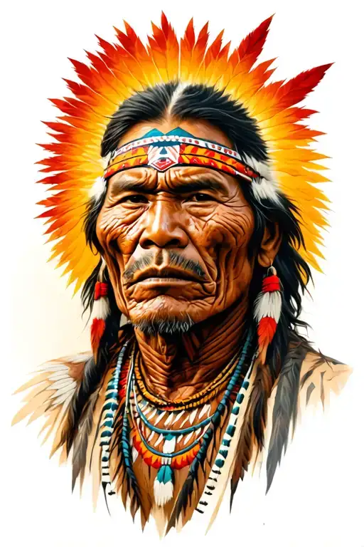eve American Indian man (Hala y) with wrinkles and on his face symbols of their cultures tattoo design idea