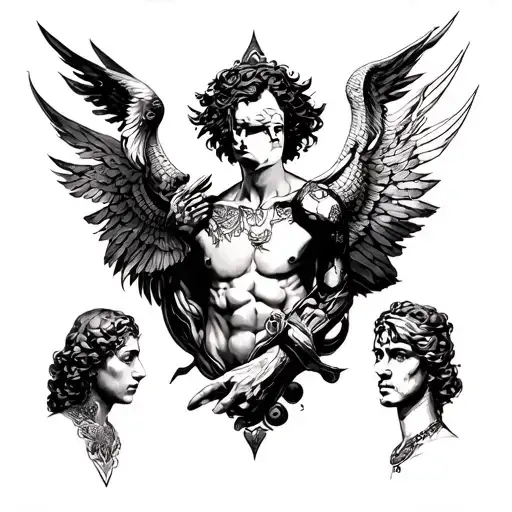 A full back tattoo blending history, philosophy and personal identity.It combines iconic figures who represent strength tattoo design idea