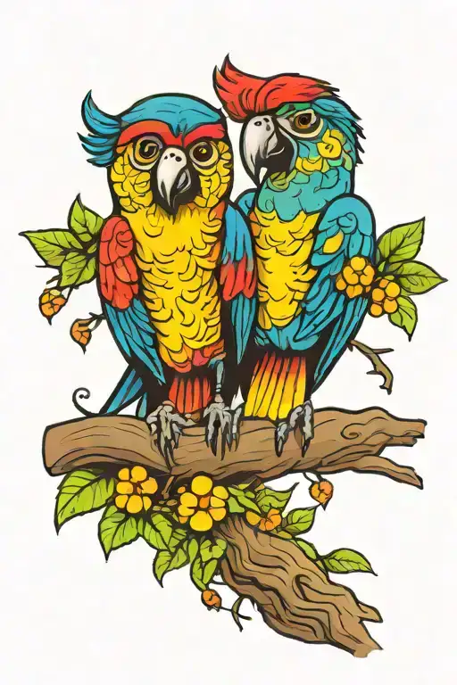 Panamanian style love birds sitting in a tree. with bold colors. tattoo design idea