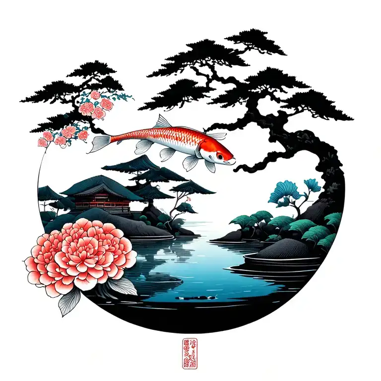 A traditional one. I'd like a daejeon's garden with a pond with koi carp on one side and an hydrangeas "tree" on the oth tattoo design idea