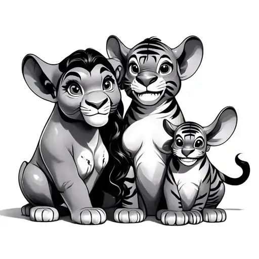 ursula with simba, dumbo, stitch, tigger tattoo design idea