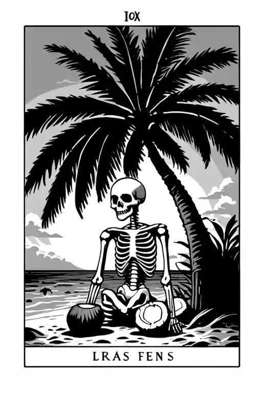happy skeleton sitting on the beach watching the sunset under palm tree with coconuts in a sun tarot card tattoo design idea