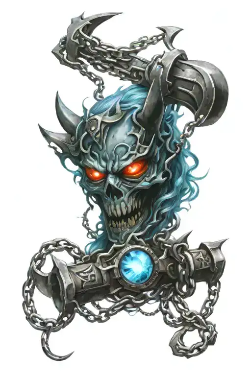 a weapon soul chain weapon light blue alone and angry devil eyes twisted with different spectrum of worlds and universe  tattoo design idea