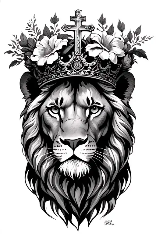 Lion and Cross flowers crown tattoo design idea
