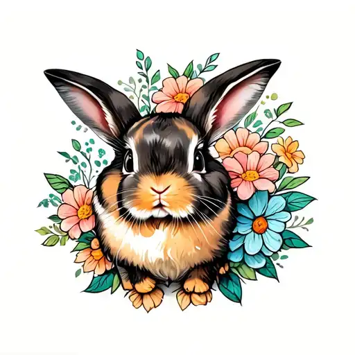 Holland Lop Bunny with flowers surrounding tattoo design idea
