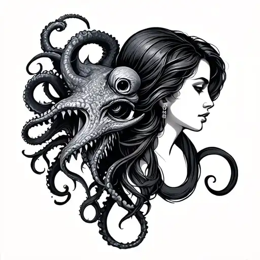 kraken and lady head profile holding tattoo design idea