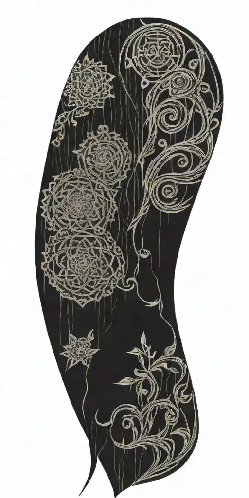 Blend Buddhist symbols, fine-line wood grain, anime elements, and subtle gaming symbols into a cohesive, flowing design tattoo design idea