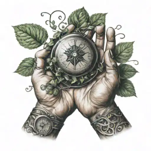 Hand giving a compas with ivy  tattoo design idea