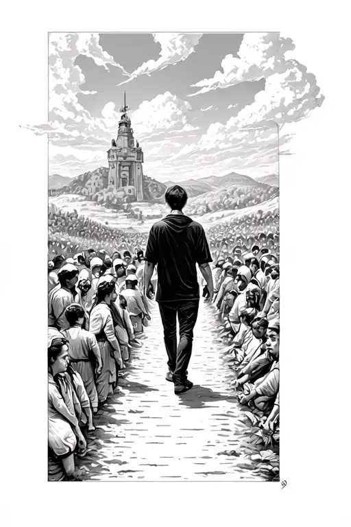 one person on a narrow path and a lot of people on a wide path  tattoo design idea