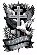 cross doves memorial with banner name isuara tattoo design idea