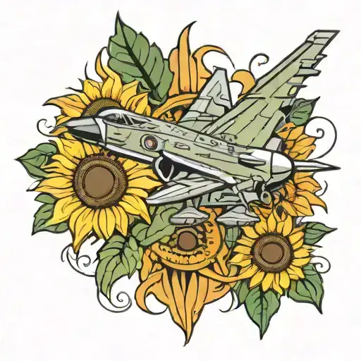 An abstract representation of a military insignia incorporating sunflowers and fighter jets tattoo design idea