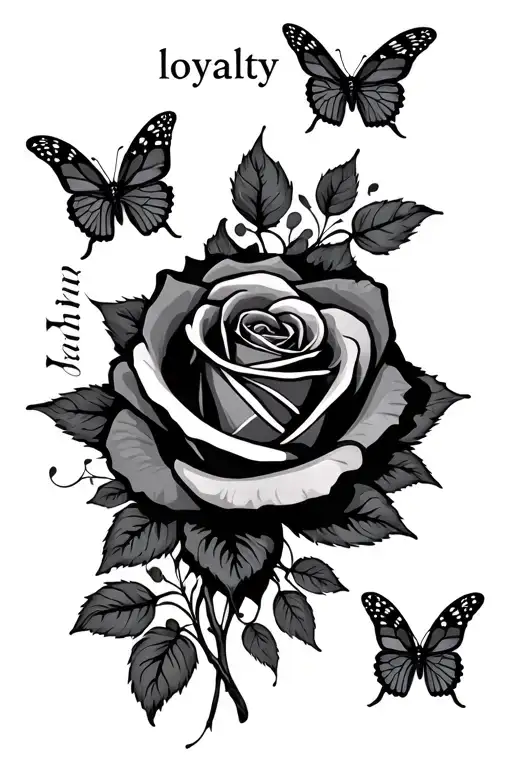 "loyalty " 3 butterflies flying around rose tattoo design idea