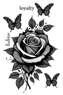 "loyalty " 3 butterflies flying around rose tattoo design idea