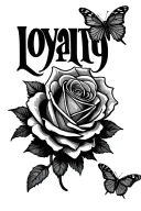 "loyalty " 3 butterflies flying around rose tattoo design idea