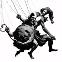 the jester pulling strings to sysiphus puppet pushing his rock with death at the end, theatre masks, and ouroboros tattoo design idea