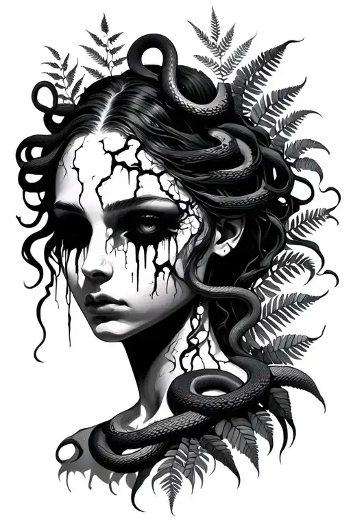 Medusa face, no eyes, 7 snakes, 3 cracks on her face, black tears, sad expression, ferns and plants behind head tattoo design idea