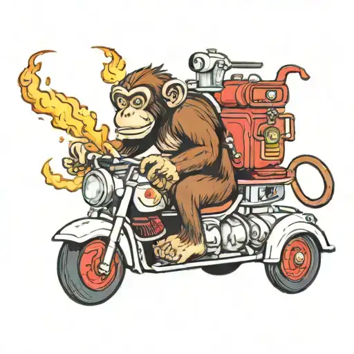 monkey riding fire truck driving tattoo design idea