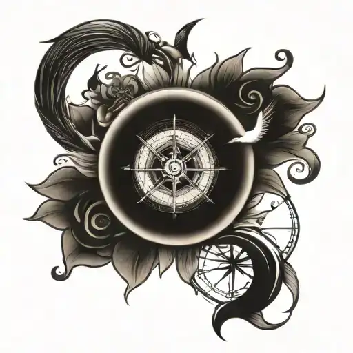 number 14 in compass with yin yang and birds   tattoo design idea