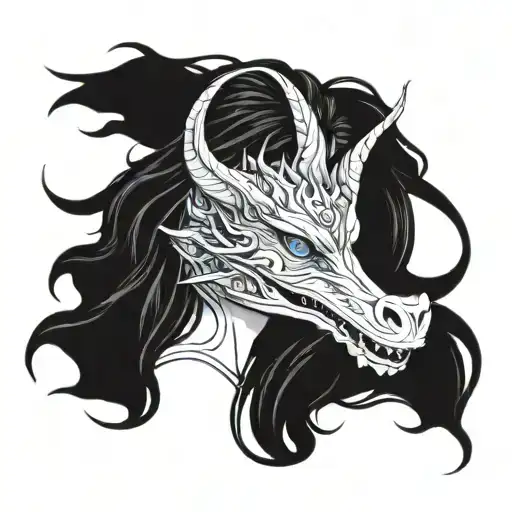 girl with long hair and blue eyes white dragon tattoo design idea