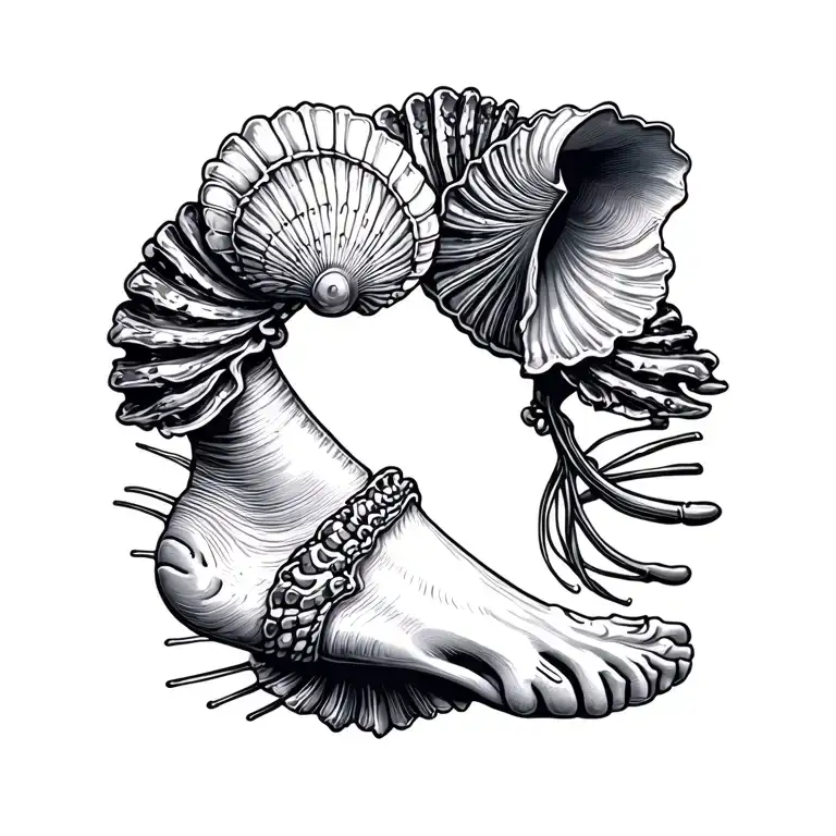 A minimal, linear, simple and stylish anklet with various seashells. tattoo design idea