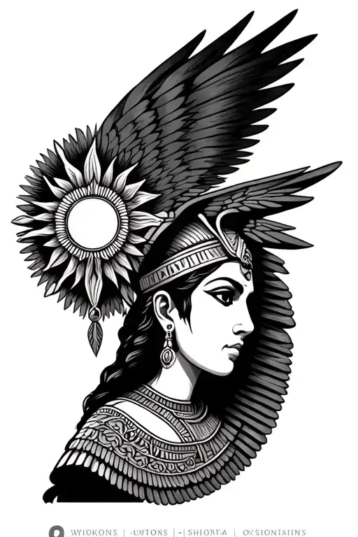 Egyptian goddess Isis wearing traditional sun crown looking through her wing tattoo design idea