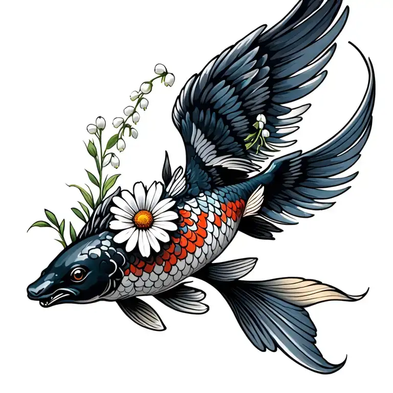 jumping black koi with phoenix wings, upright, bouquet with an aster, a daisy, a lily of the valley, wave tattoo design idea