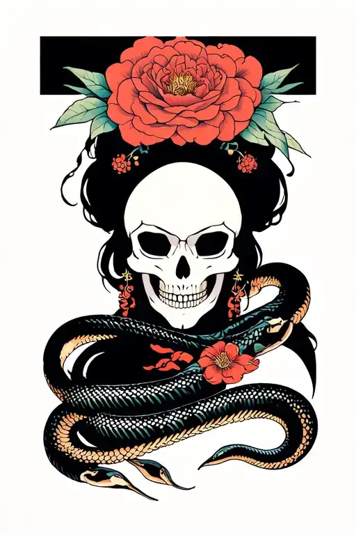 Japanese yakuza style centered around death, skulls, bones, and snakes with vibrant colors and a feminine vibe tattoo design idea