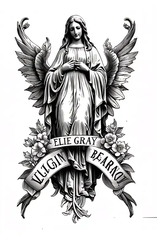 "Ellie gray Bejarano " "Ellie gray Bejarano "  Virgin Mary banner tattoo design idea