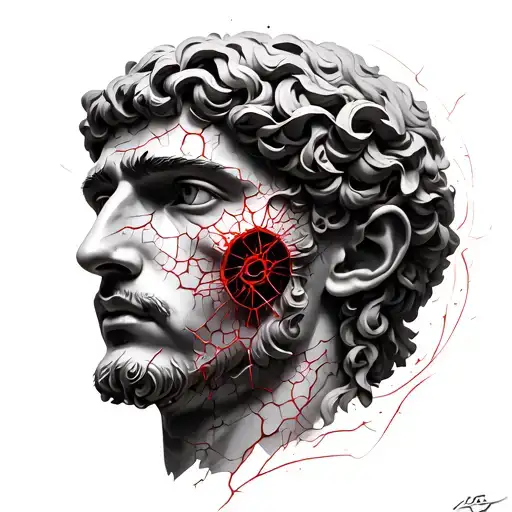  Theseus, cracked face, red thread, labirinth, greek meander tattoo design idea